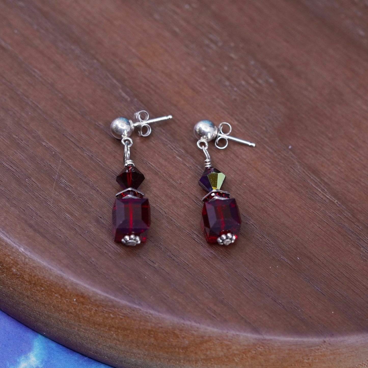 Vintage Sterling 925 silver handmade earrings with cube ruby