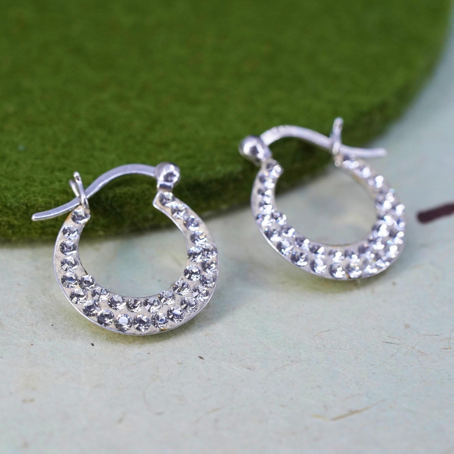 0.75”, Vintage sterling silver earrings, 925 silver hoops, Huggie cluster Cz