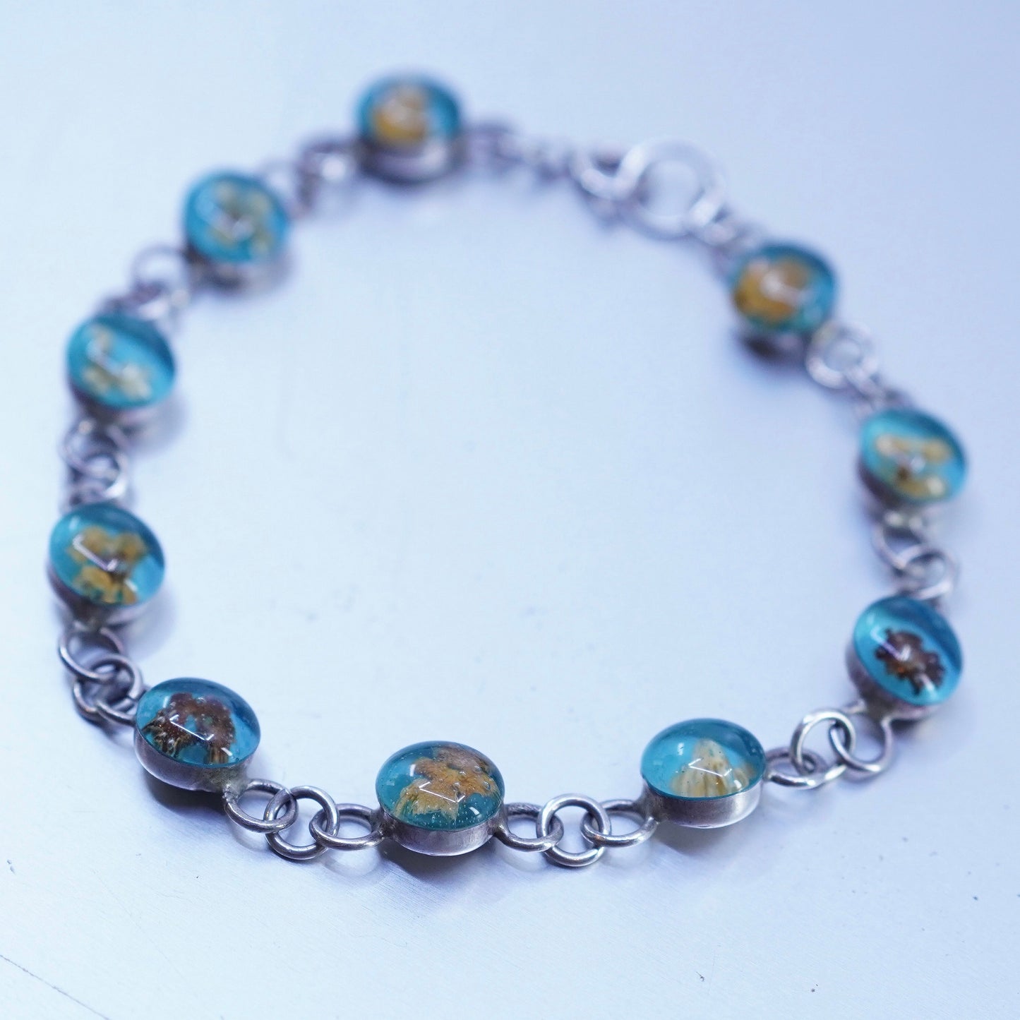 7.5”, Vintage Sterling 925 silver handmade resin flower bracelet