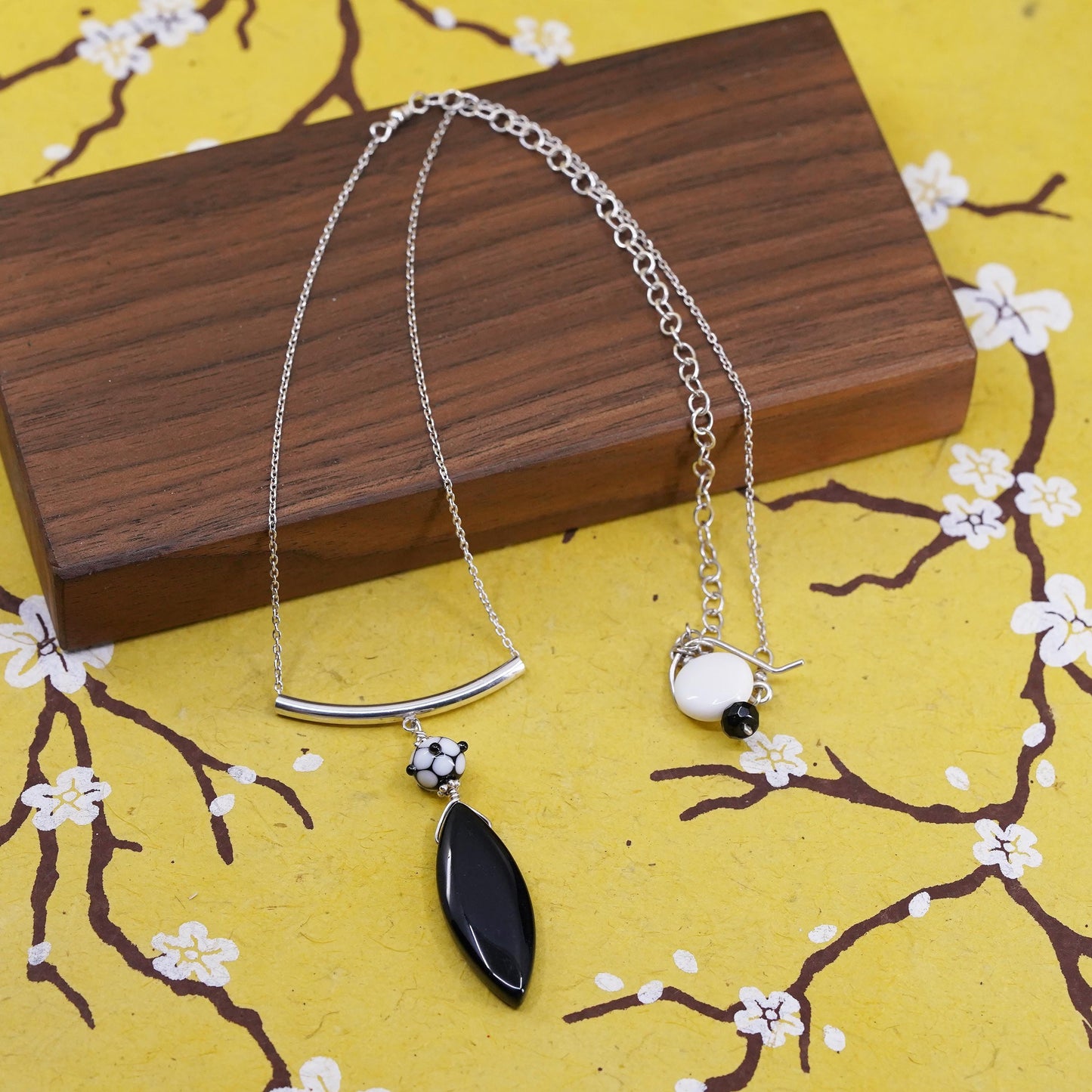 14+5”, vintage sterling silver necklace, 925 circle chain with obsidian pendant