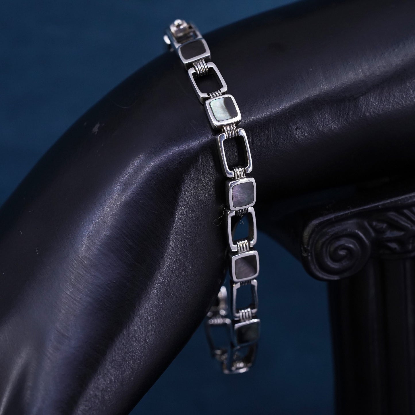 7.25", vintage Sterling 925 silver handmade tennis bracelet with abalone inlay