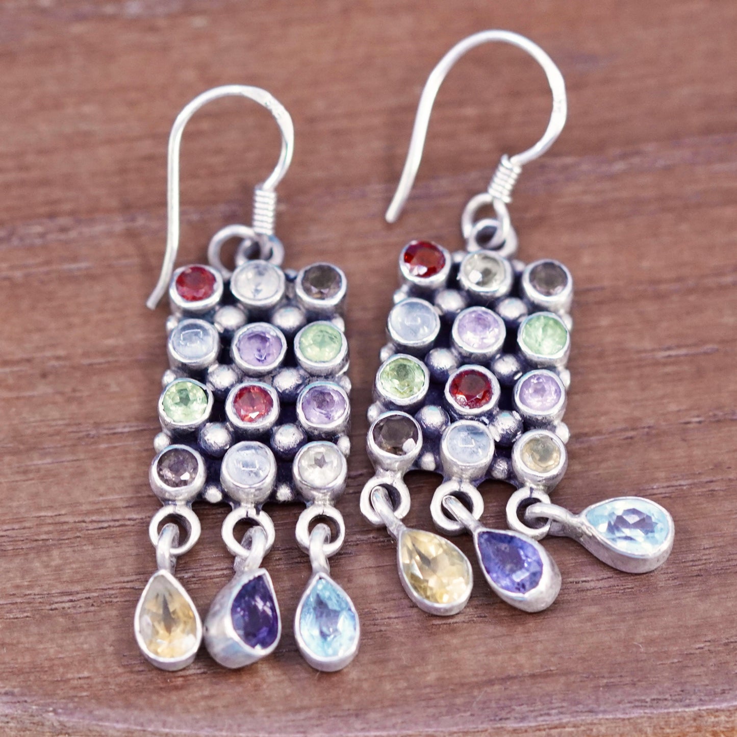 sterling silver 925 earrings w/ cluster amethyst peridot citrine ruby crystal,