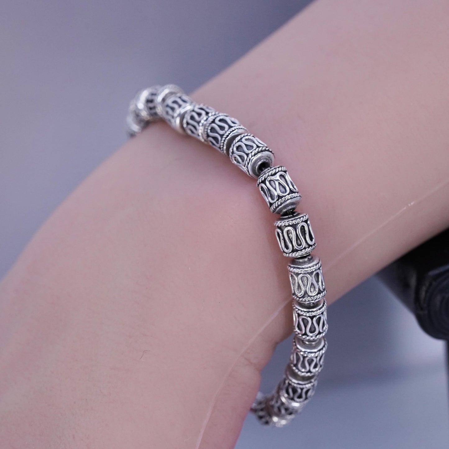 7”, Mexican Sterling 925 silver bracelet, filigree beads chain toggle closure