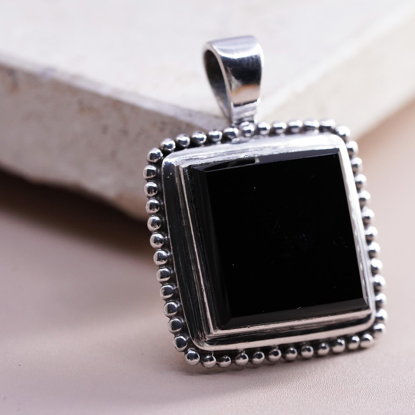 Vintage Peyote Bird Sterling 925 silver handmade square pendant black onyx bead