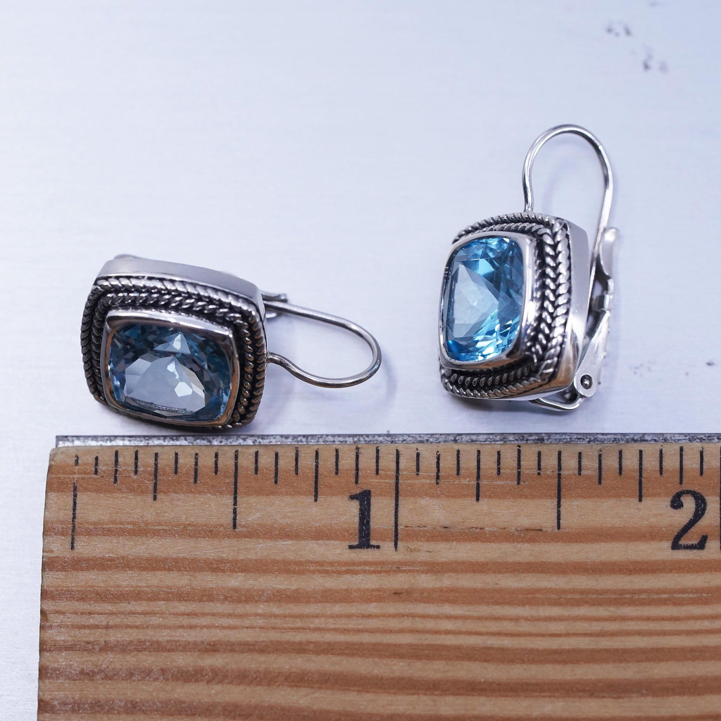 Vintage Sterling 925 silver handmade earrings with square blue topaz lever back