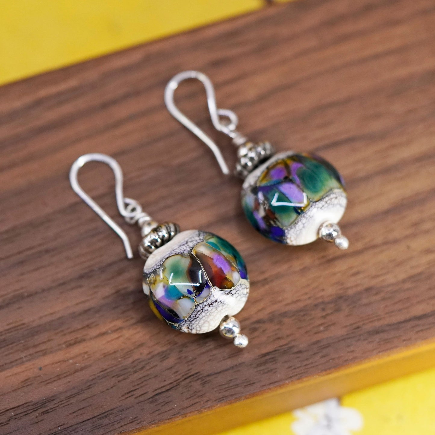 Vintage Sterling silver handmade earrings, 925 round foiled glass beads
