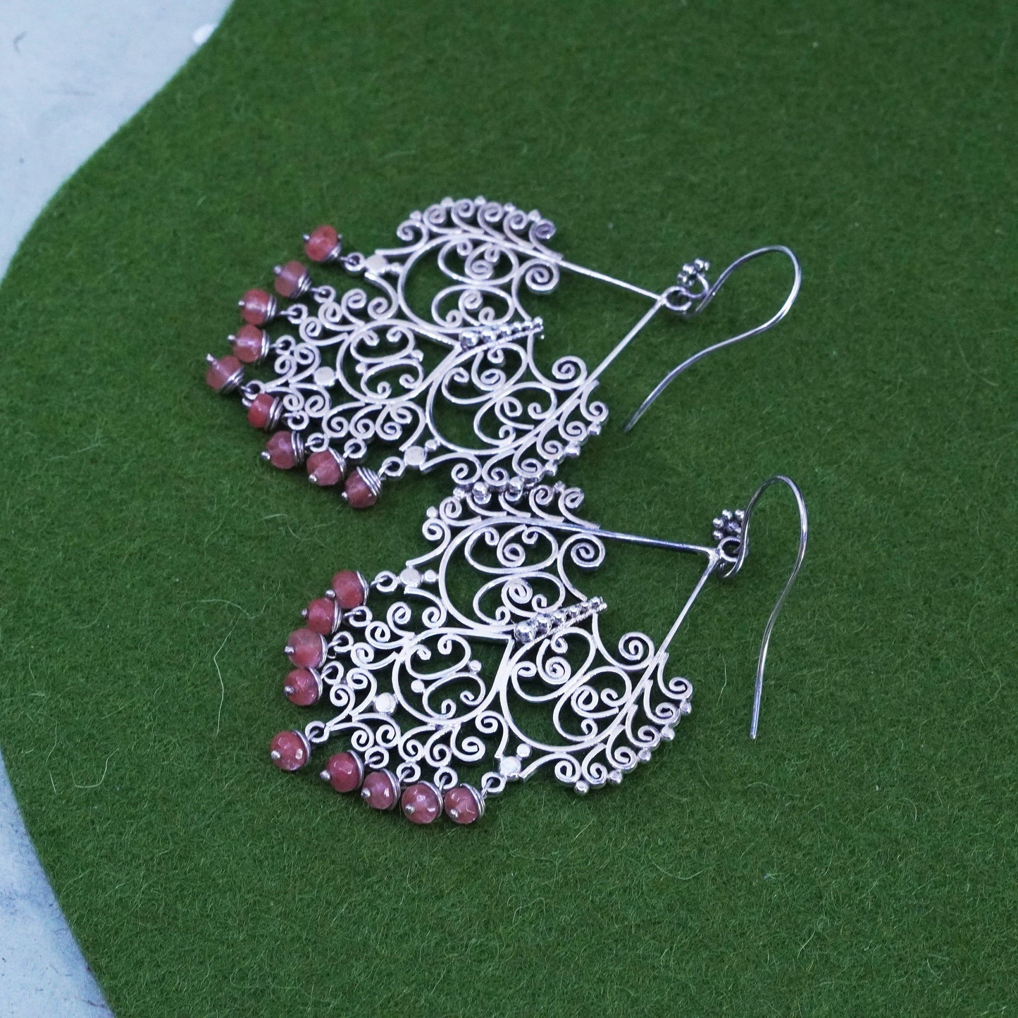 Sterling silver handmade huge earrings, 925 filigree swirly dangles rose quartz
