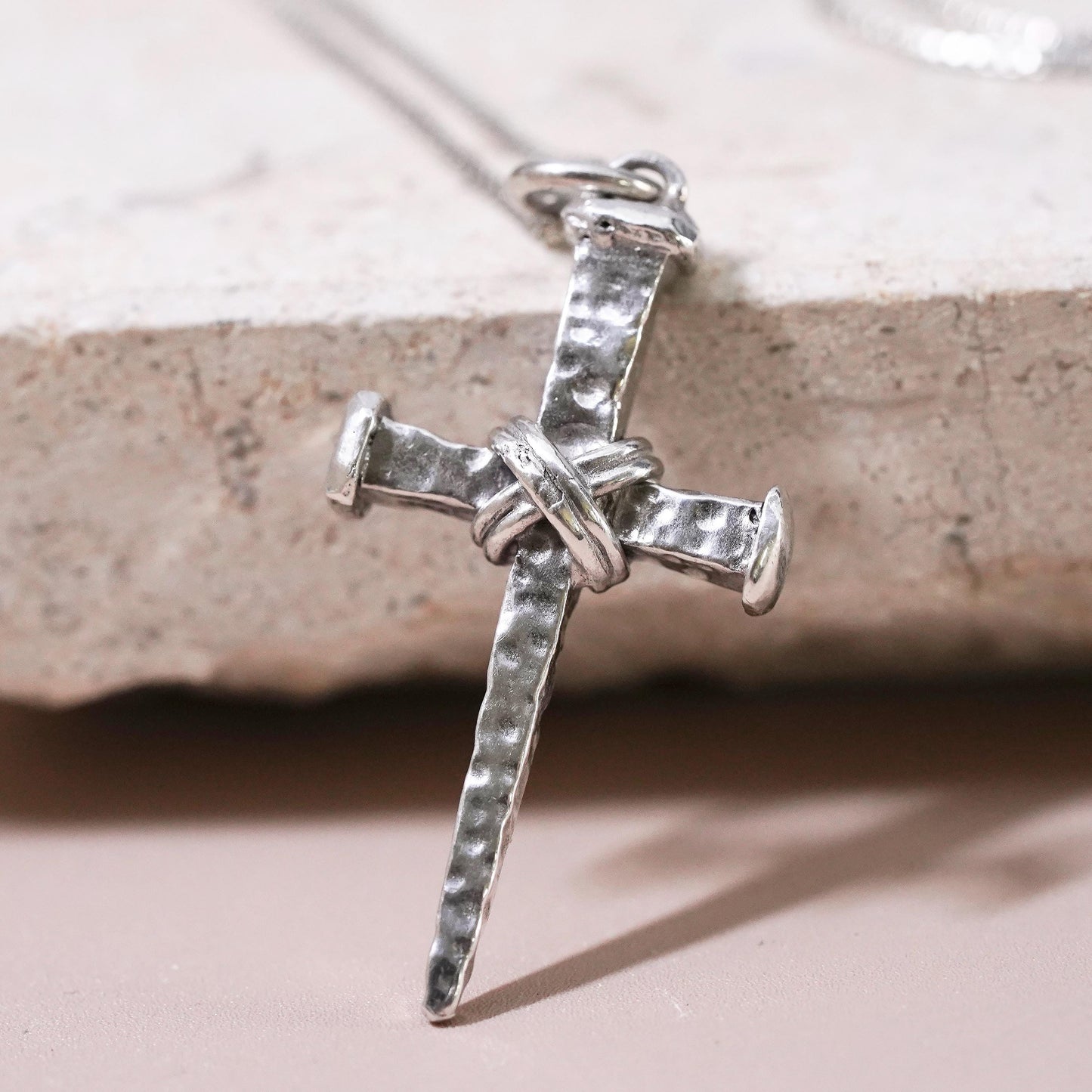 16”, VTG LIRM Sterling silver necklace, 925 box chain textured cross pendant