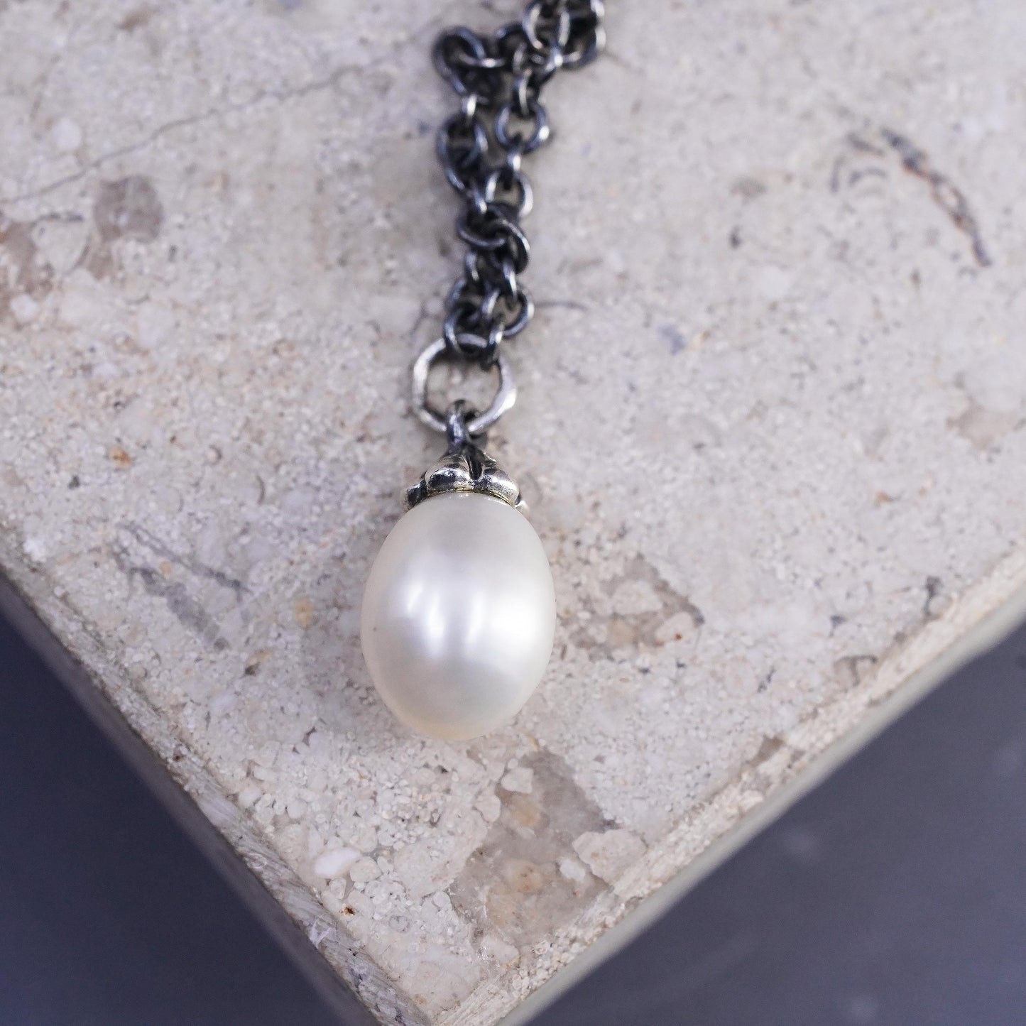 40" Sterling silver extra long sweater necklace, 925 teardrop pearl pendant