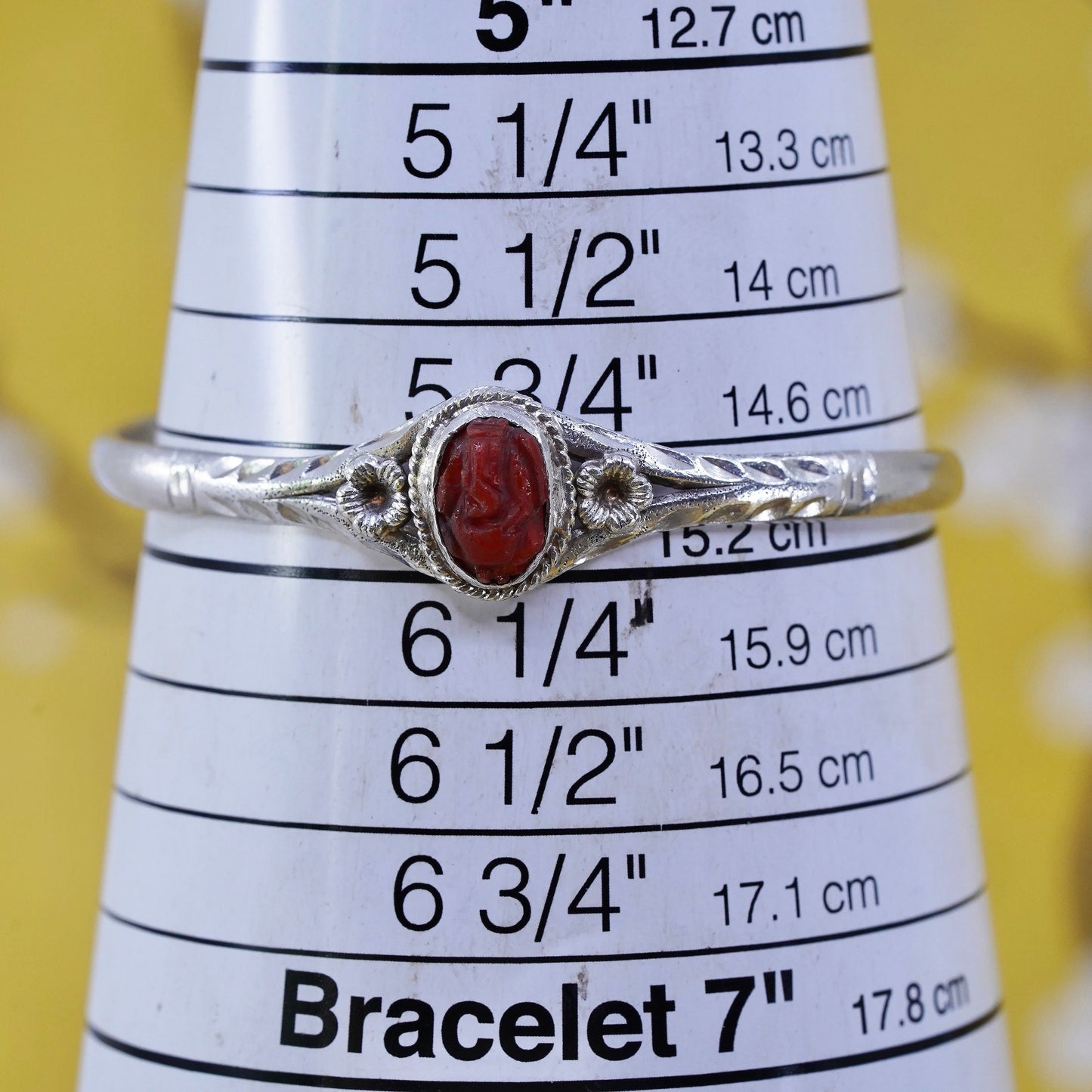 Vintage Sterling silver handmade bracelet, 925 baby bangle with carved cinnabar