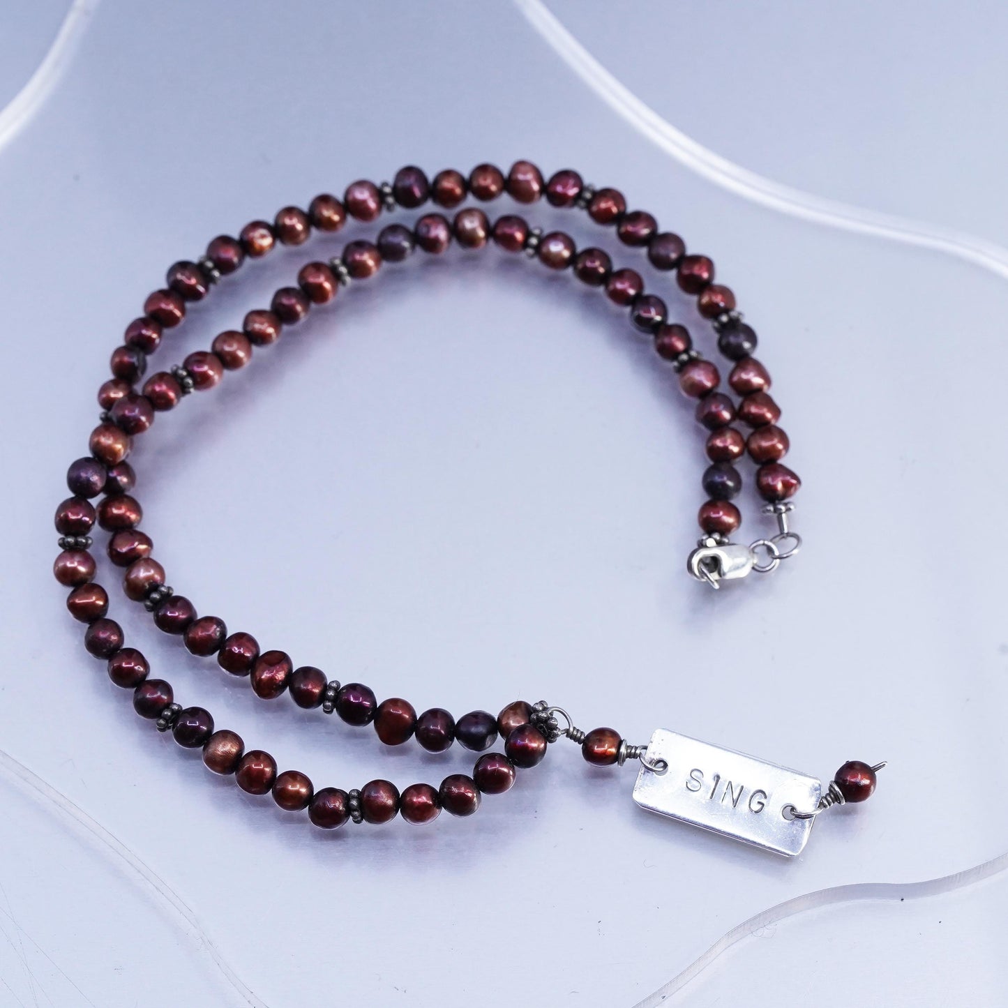16", Vintage 5mm red freshwater pearl necklace Sterling 925 silver pendant Sing