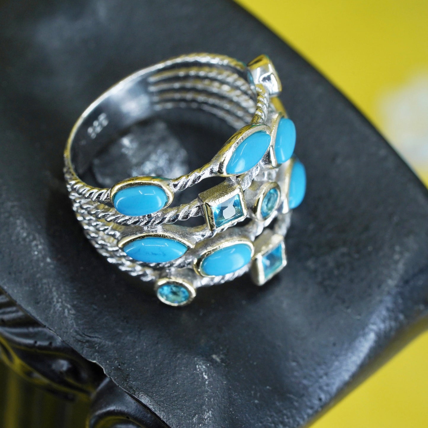 Size 8.5, Native American Sterling silver handmade ring turquoise blue crystal
