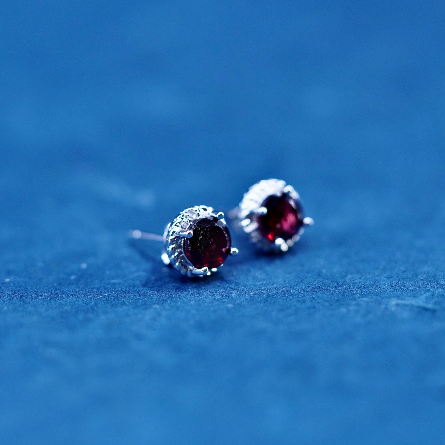 Vintage Sterling silver handmade earrings, 925 studs with ruby and diamond