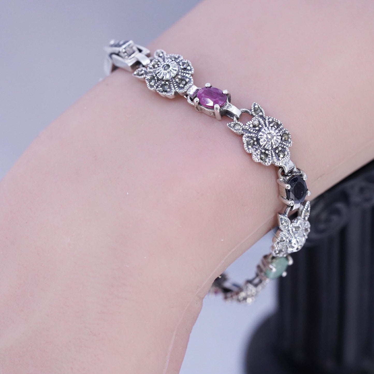 7", VTG Sterling Silver 925 Tennis Marcasite flower Bracelet ruby sapphire jade