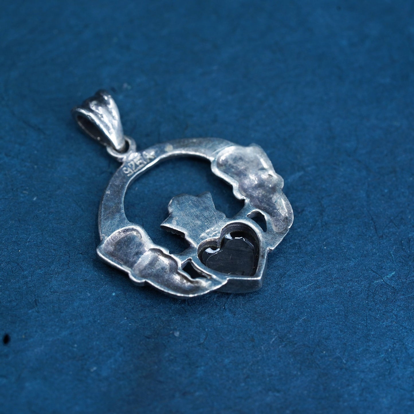 Sterling silver pendant onyx marcasite, 925 Irish claddagh holding heart charm