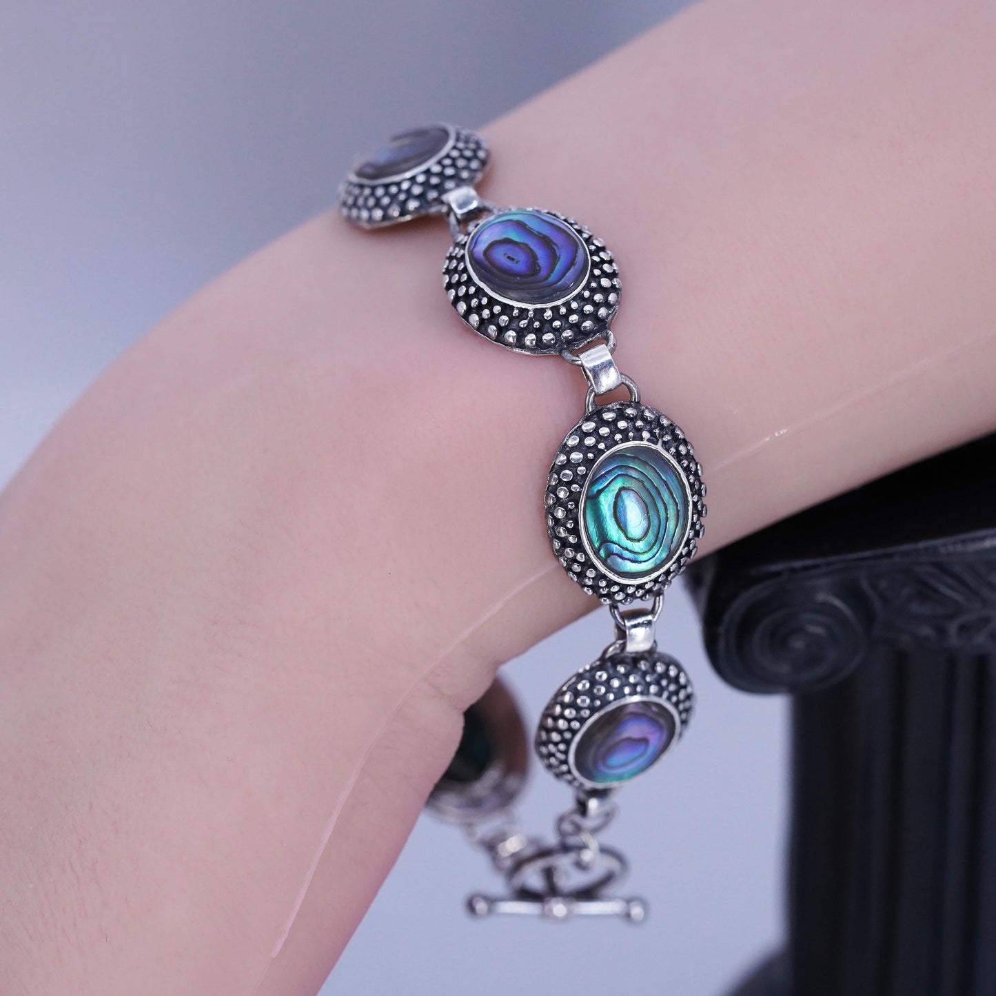 7.75”, Sterling 925 silver handmade bracelet with abalone and toggle closure