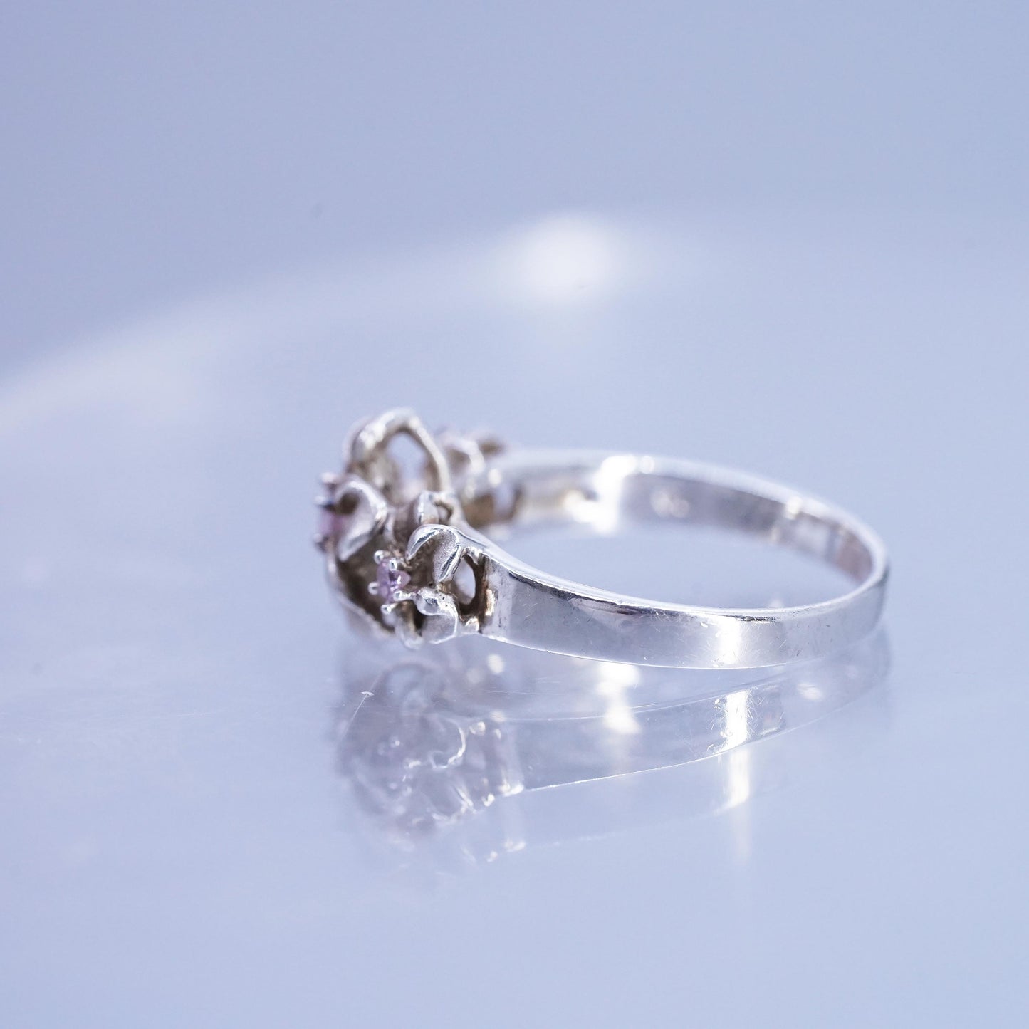 Size 6, vintage Sterling 925 silver handmade ring, plumeria flower band pink cz