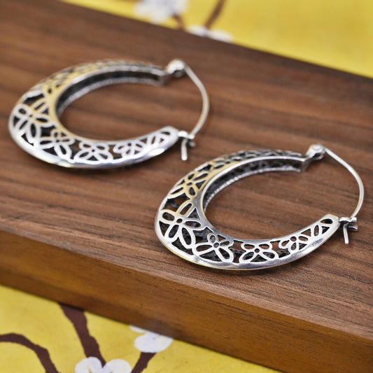 1.75", VTG Sterling silver filigree earrings, 925 handmade oval huggie hoops