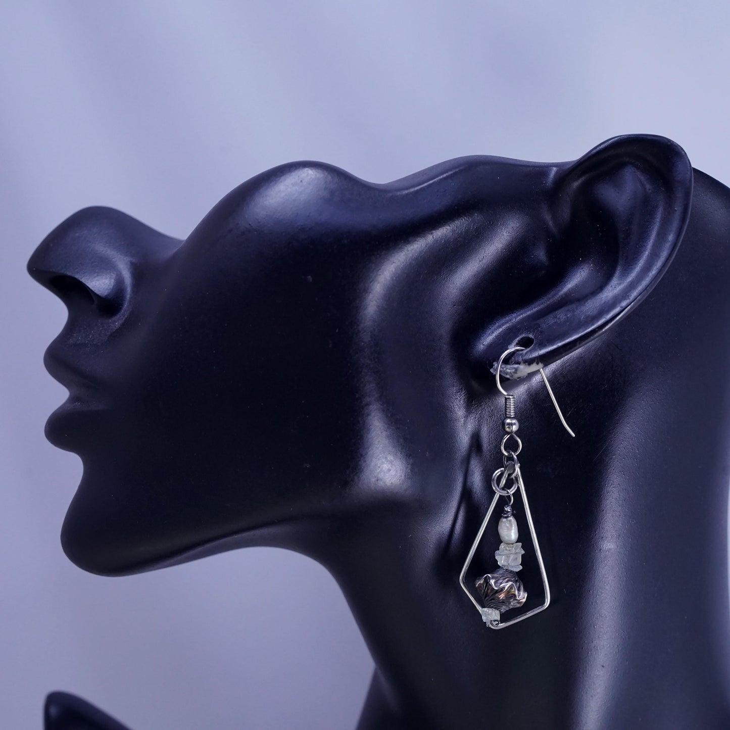Vintage Sterling silver Handmade earrings, 925 teardrop dangled w/ pearl beads