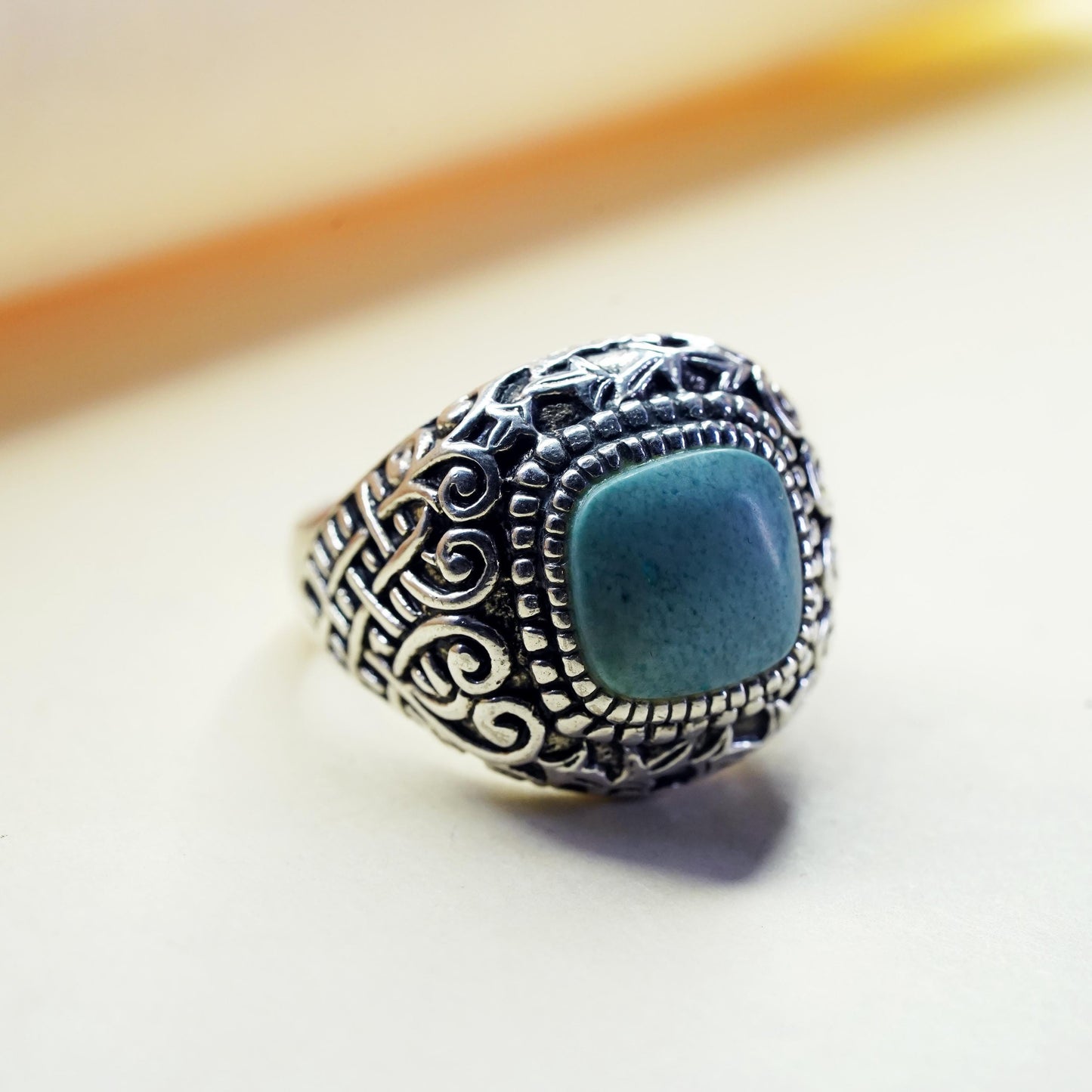 Size 7, Vintage sterling silver ring, 925 statement band with square turquoise