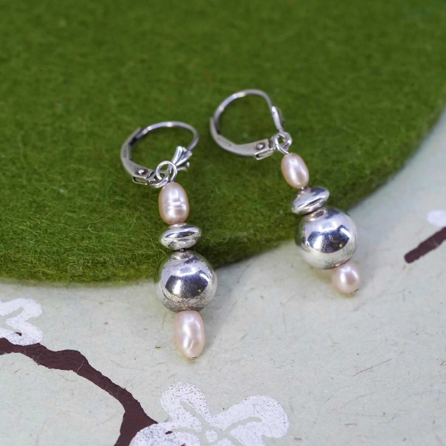 Vintage Sterling silver handmade earrings, 925 hooks with pearl drops and beads