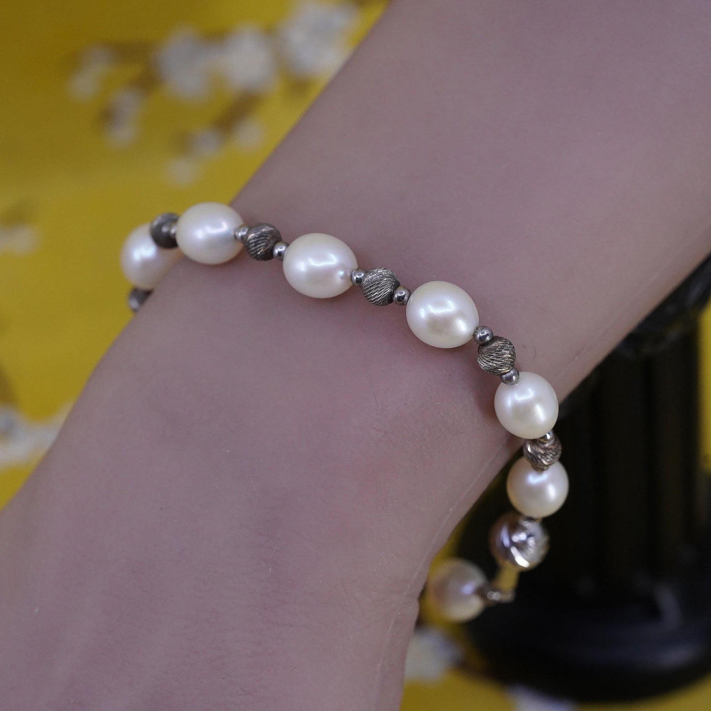 7.5” Sterling silver bracelet, freshwater pearl beads chain 925 silver clasp