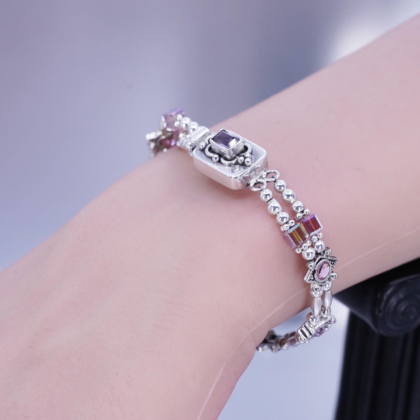 6.5”, Vintage Sterling 925 silver tennis bracelet chain with amethyst