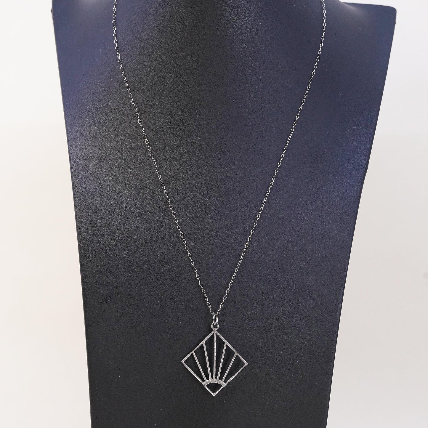 20”, Sterling Silver 925 Art Deco Fan Pendant Necklace, Openwork Sunburst