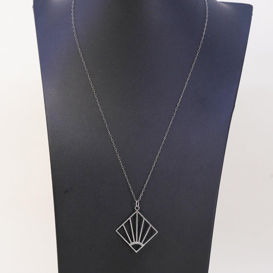 20”, Sterling Silver 925 Art Deco Fan Pendant Necklace, Openwork Sunburst