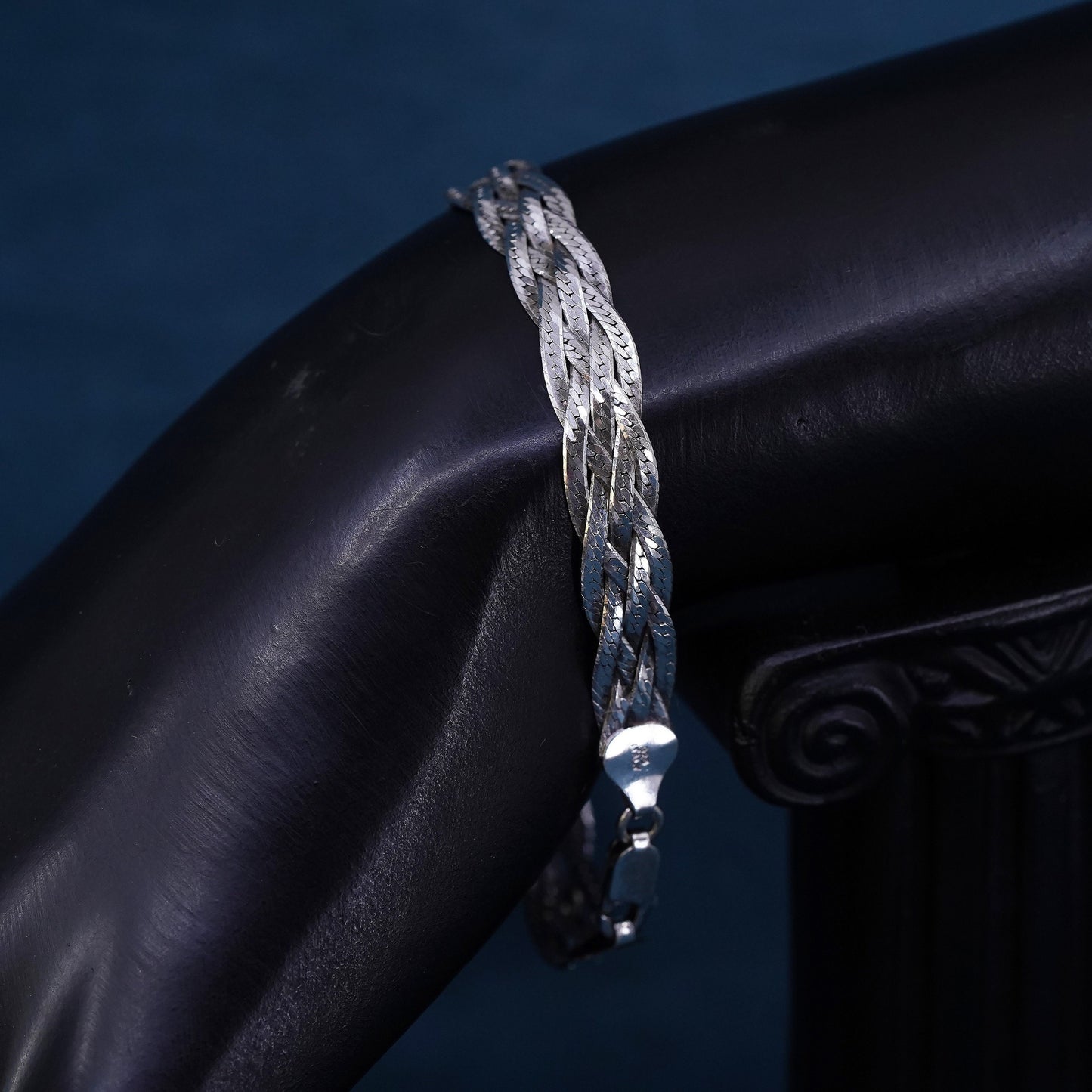 7", 8mm, vintage Sterling silver bracelet, textured 925 herringbone woven chain