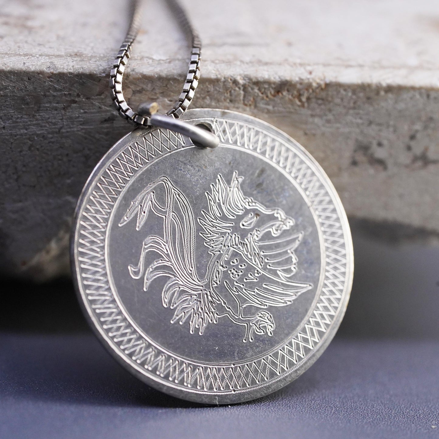 20" Sterling Silver 925 Coin Pendant Necklace Asian Mythical Dragon Medallion
