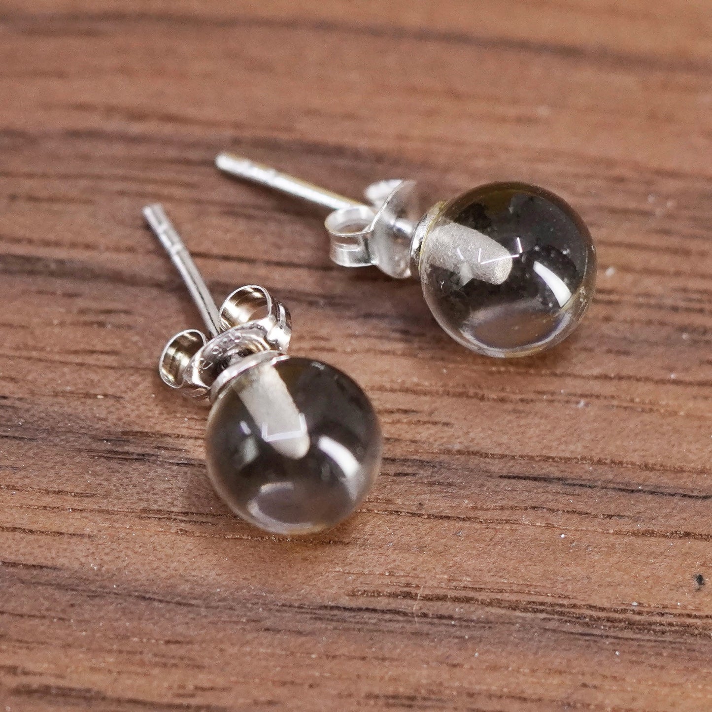6mm, vintage Sterling silver clear round gray crystal studs, earrings