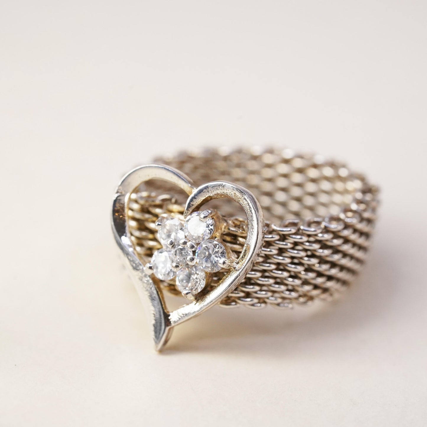Size 8.25, Vintage sterling silver mesh chain ring, 925 band with heart and cz