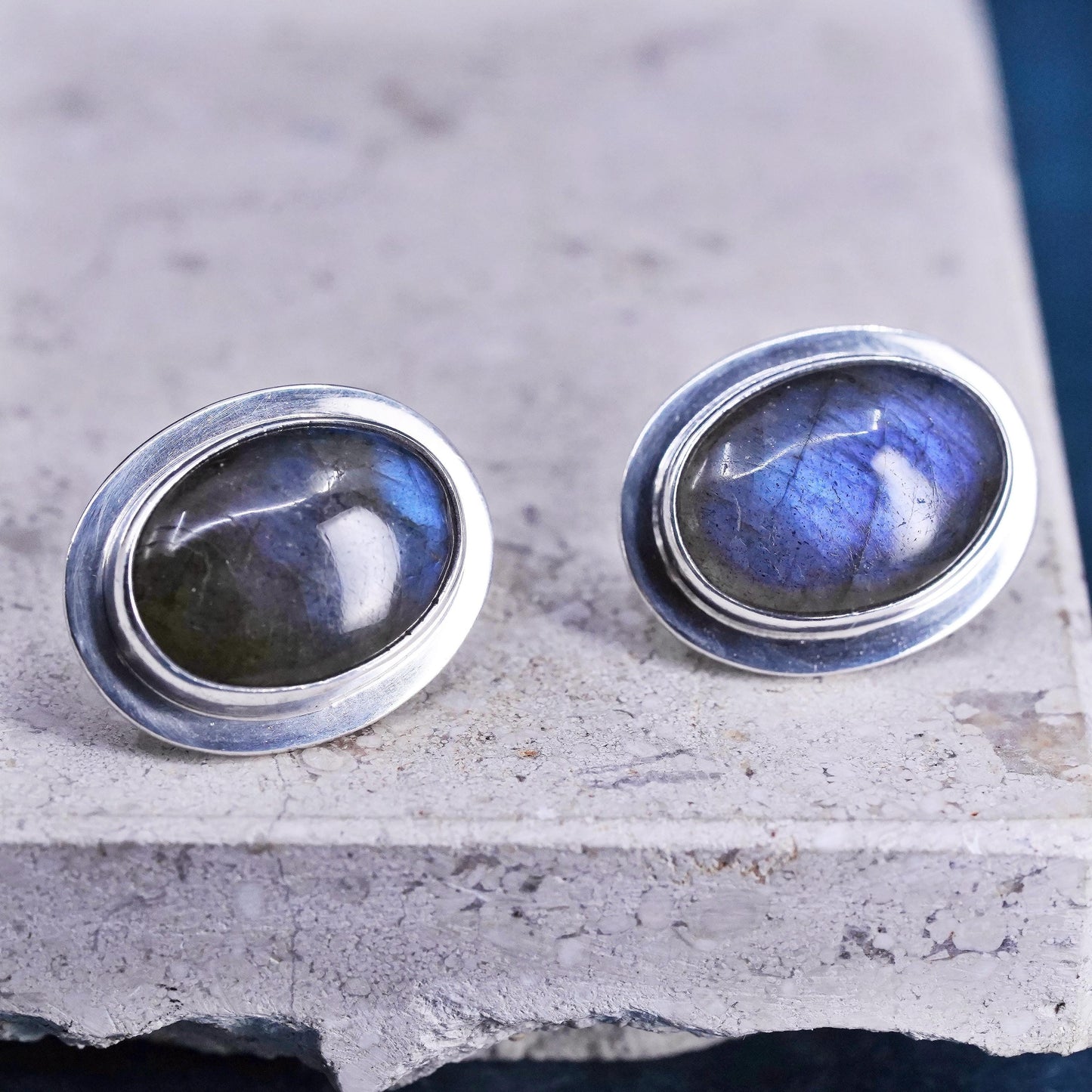Vintage Mexican sterling silver handmade earrings, 925 oval studs labradorite
