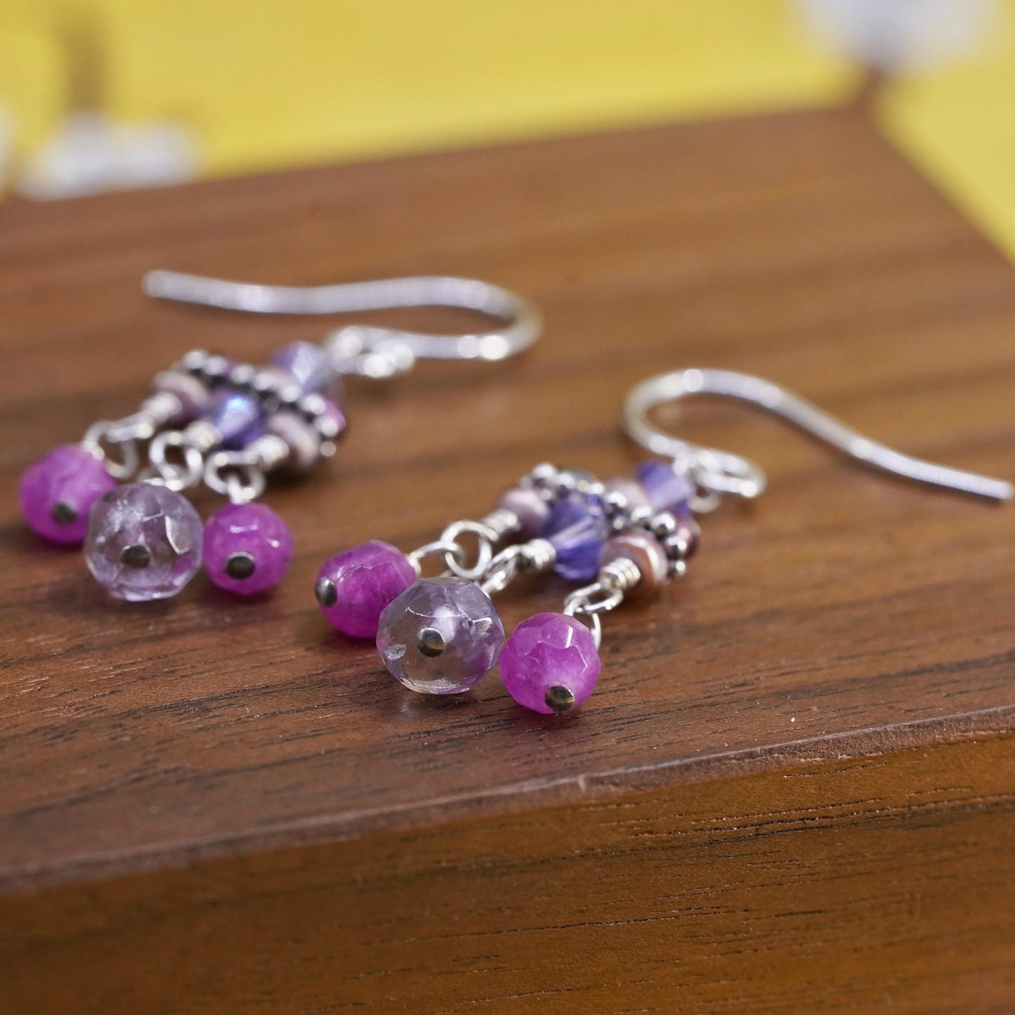 Vintage Sterling 925 silver handmade earrings with crystal and ruby beads