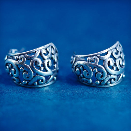 Sterling silver handmade earrings, 925 silver Huggie studs with bali filigree