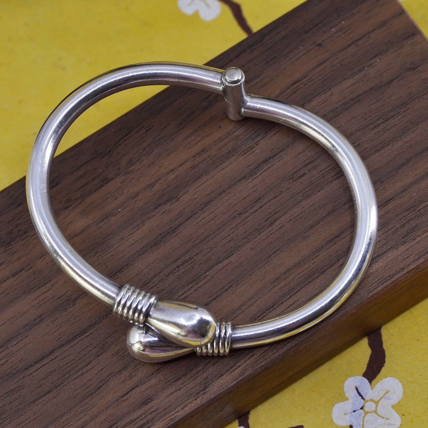 Vintage Sterling silver handmade bracelet, 925 bangle with teardrop ends