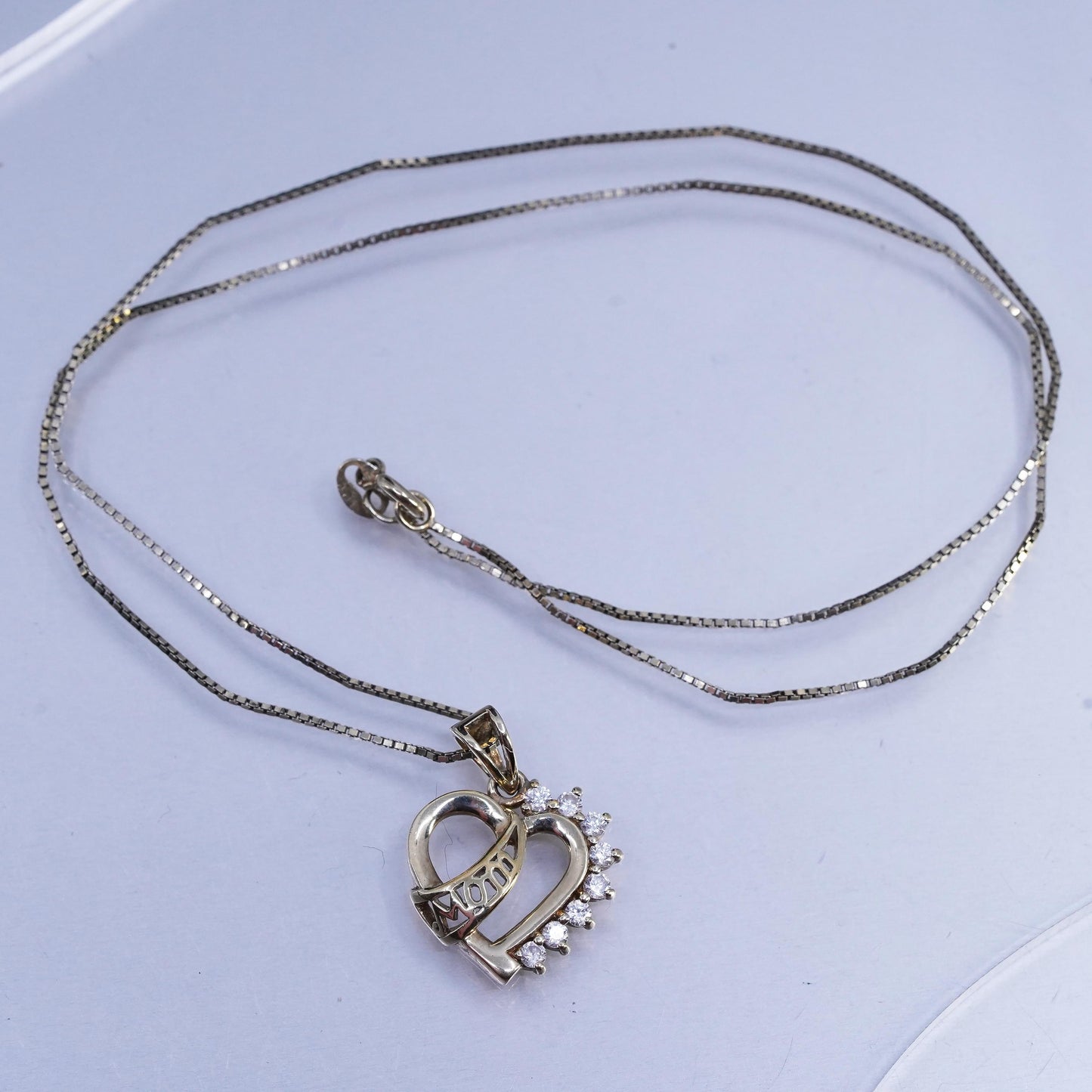 18", gold plated Sterling 925 silver box necklace cz heart pendant mom cutout