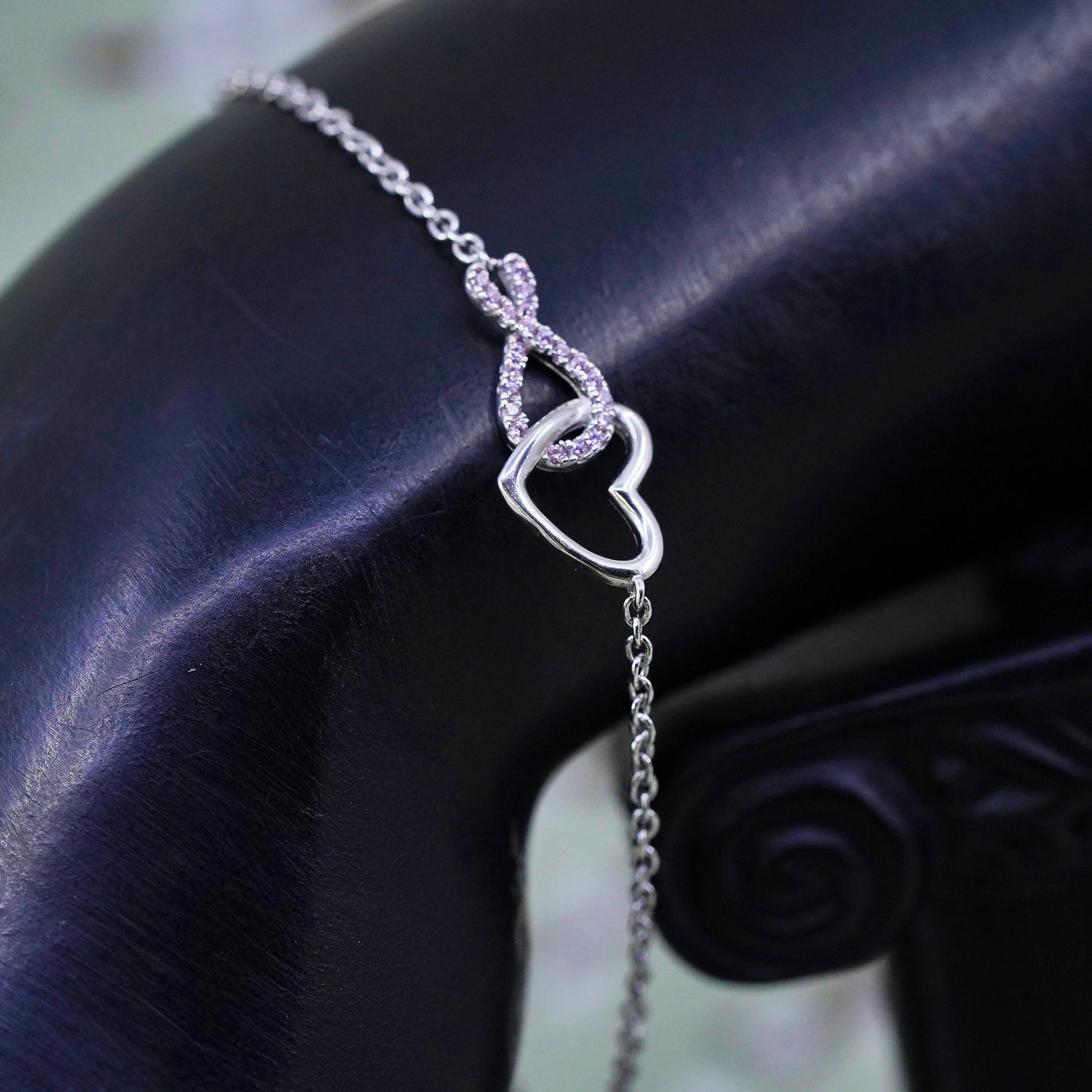 6.75+1”, Vintage sterling silver bracelet, 925 circle chain with heart charm cz