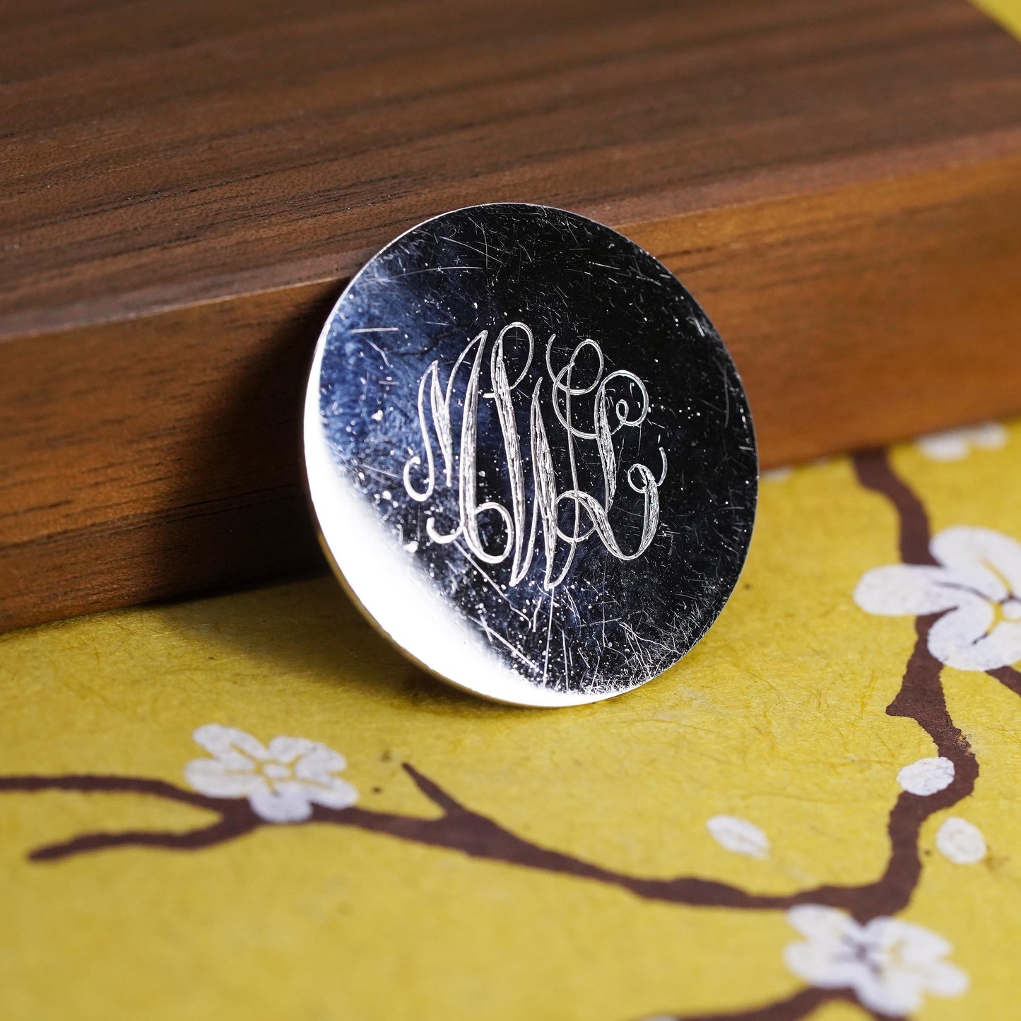 Vintage handmade sterling silver pin, 925 circle brooch monogram initial “MLW”
