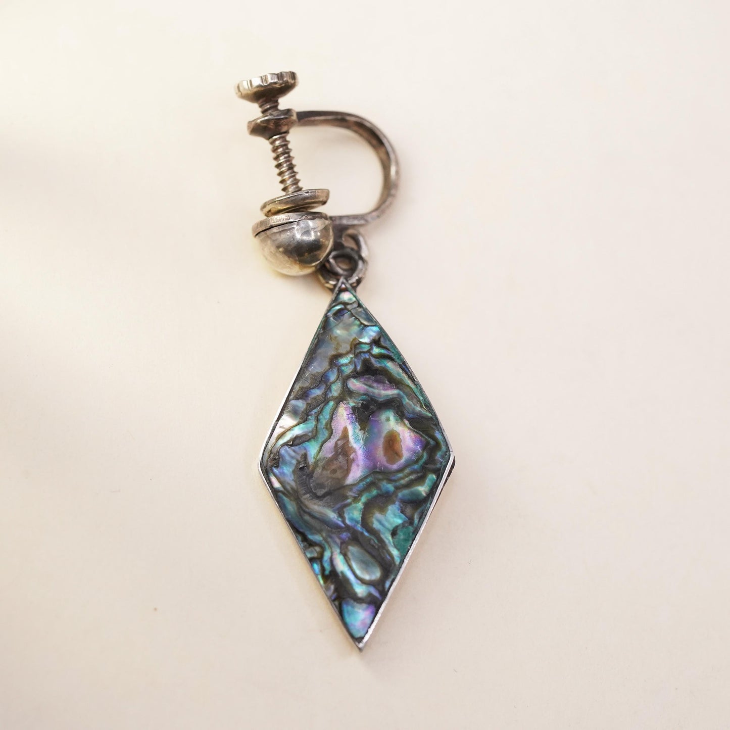 Taxco Mexican sterling silver single earring, 925 screw back dangle abalone