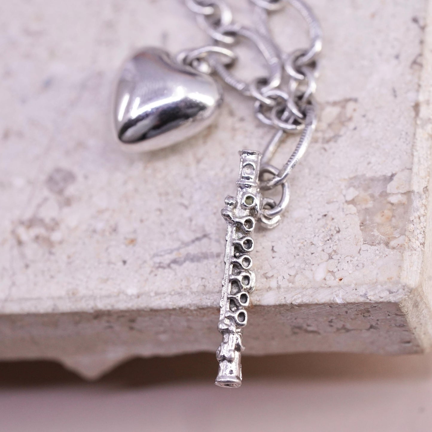 7", VTG Sterling silver handmade bracelet, 925 oval bracelet heart flute charms