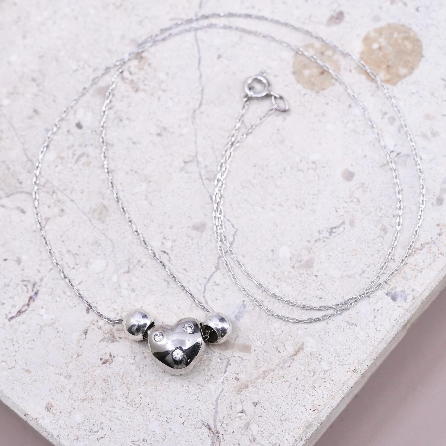 18" 1mm, vintage Sterling silver necklace, 925 Singapore chain heart cz pendant