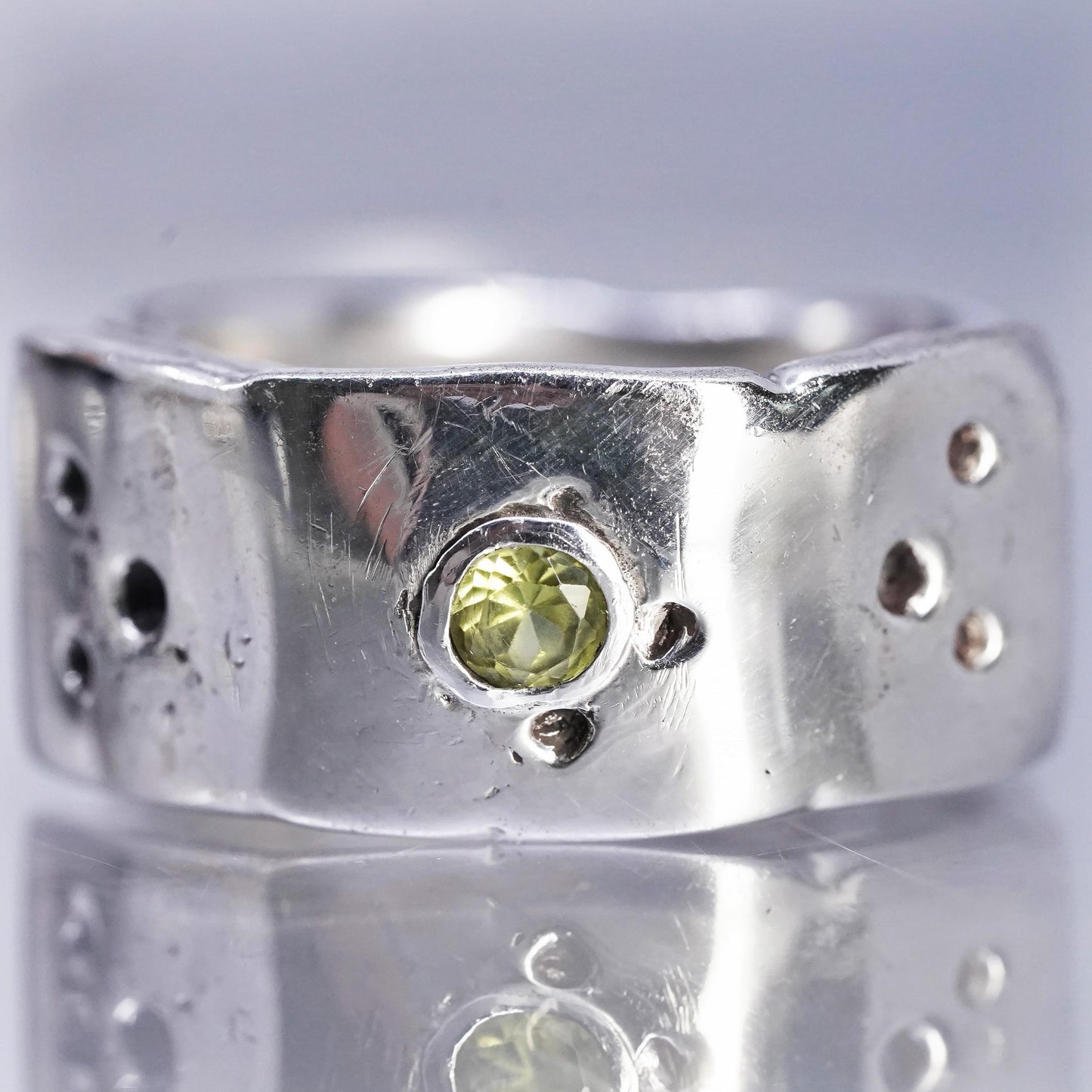size 10.5, Vintage Sterling Silver Handmade Ring, 925 statement Band w/ peridot