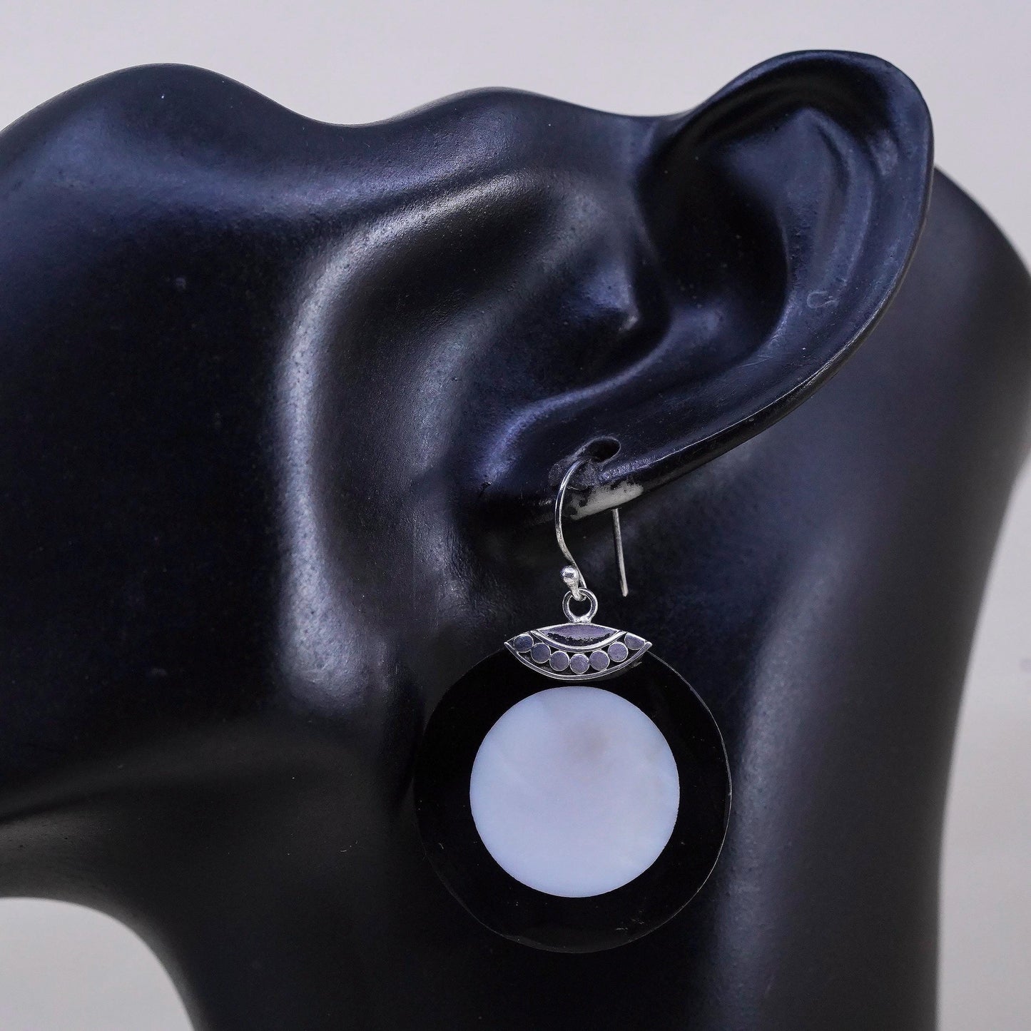 Vintage sterling silver handmade earrings, two tone mother of pearl round drops