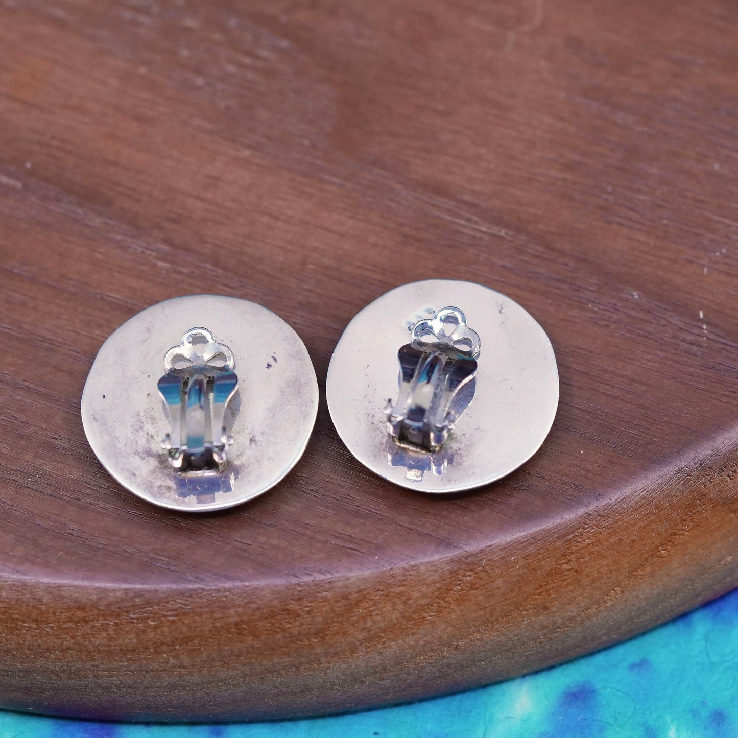 Vintage jewelry | Sterling silver handmade earrings, cutout round 925 clip on