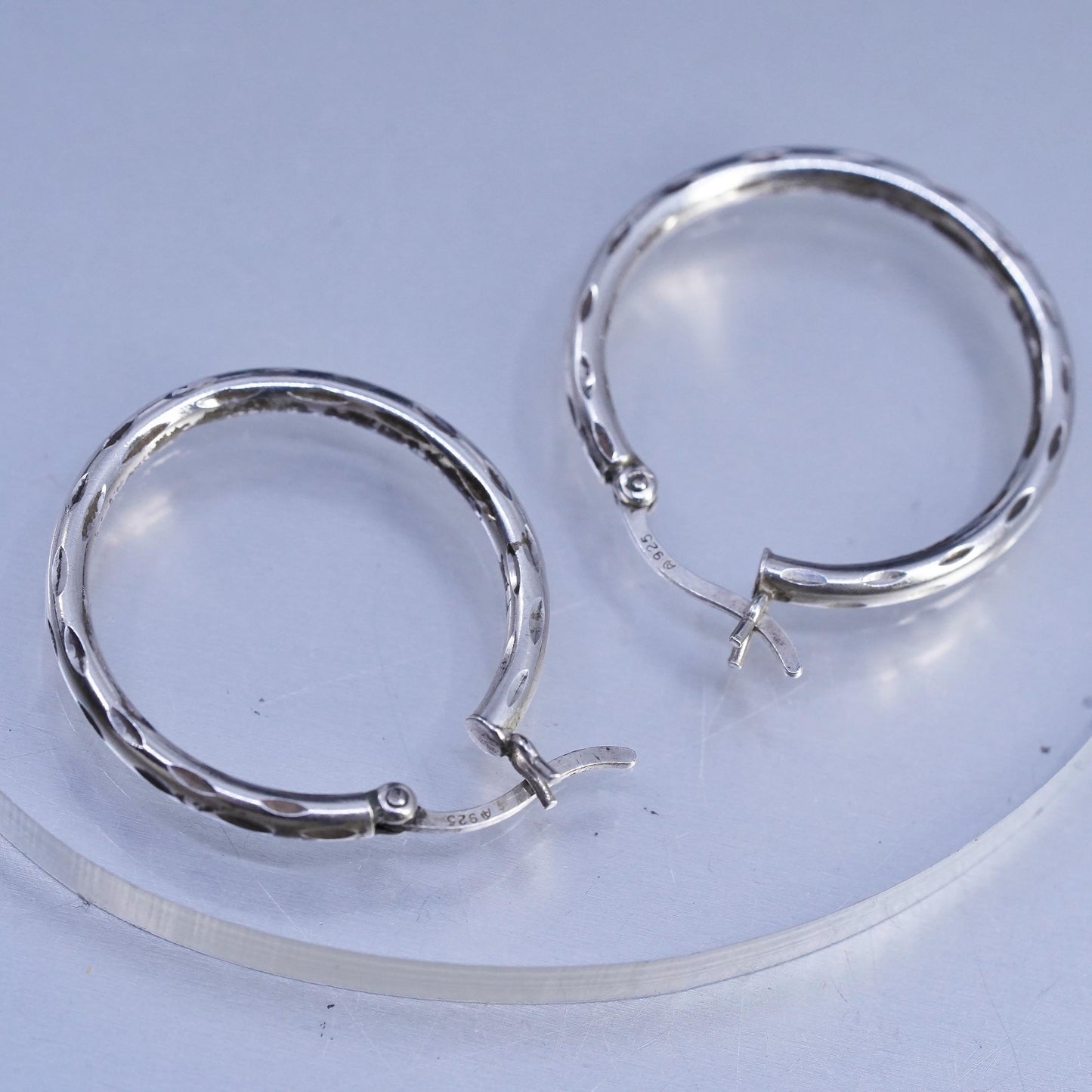 1”, vintage Sterling silver handmade earrings, textured 925 hoops