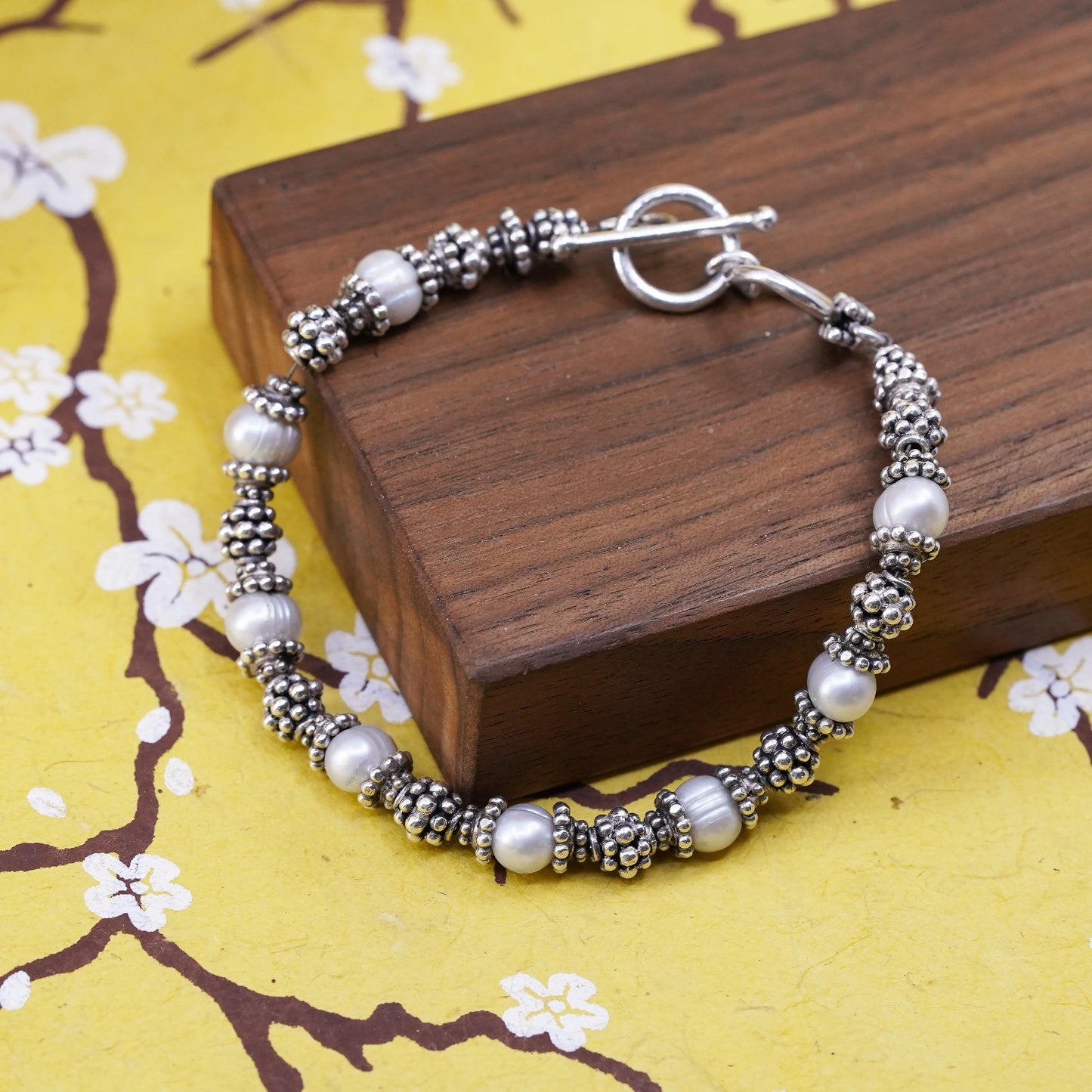 7.5", Vintage Sterling silver handmade bracelet, 925 beaded chain with pearl