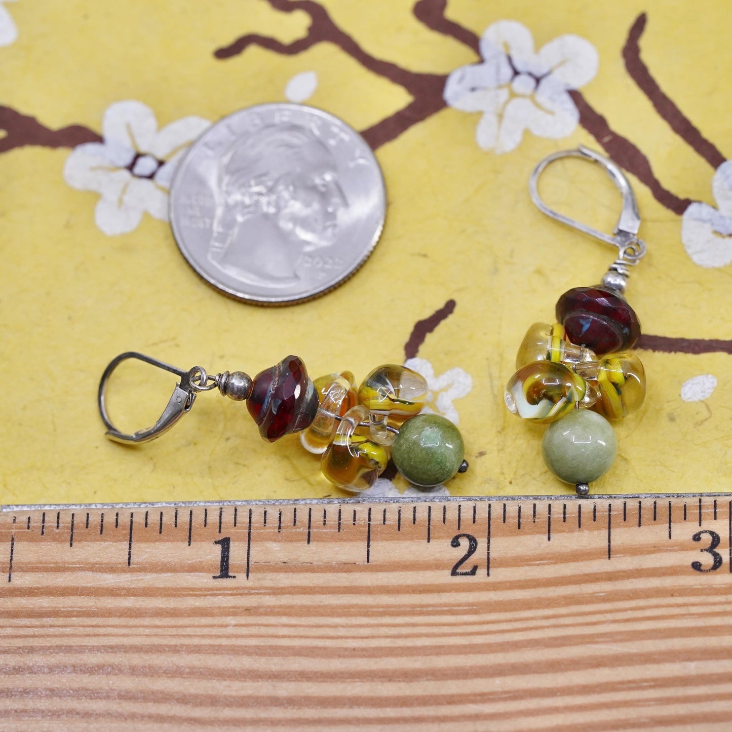 Vintage sterling 925 silver earrings with artisan glass bead lever back closing
