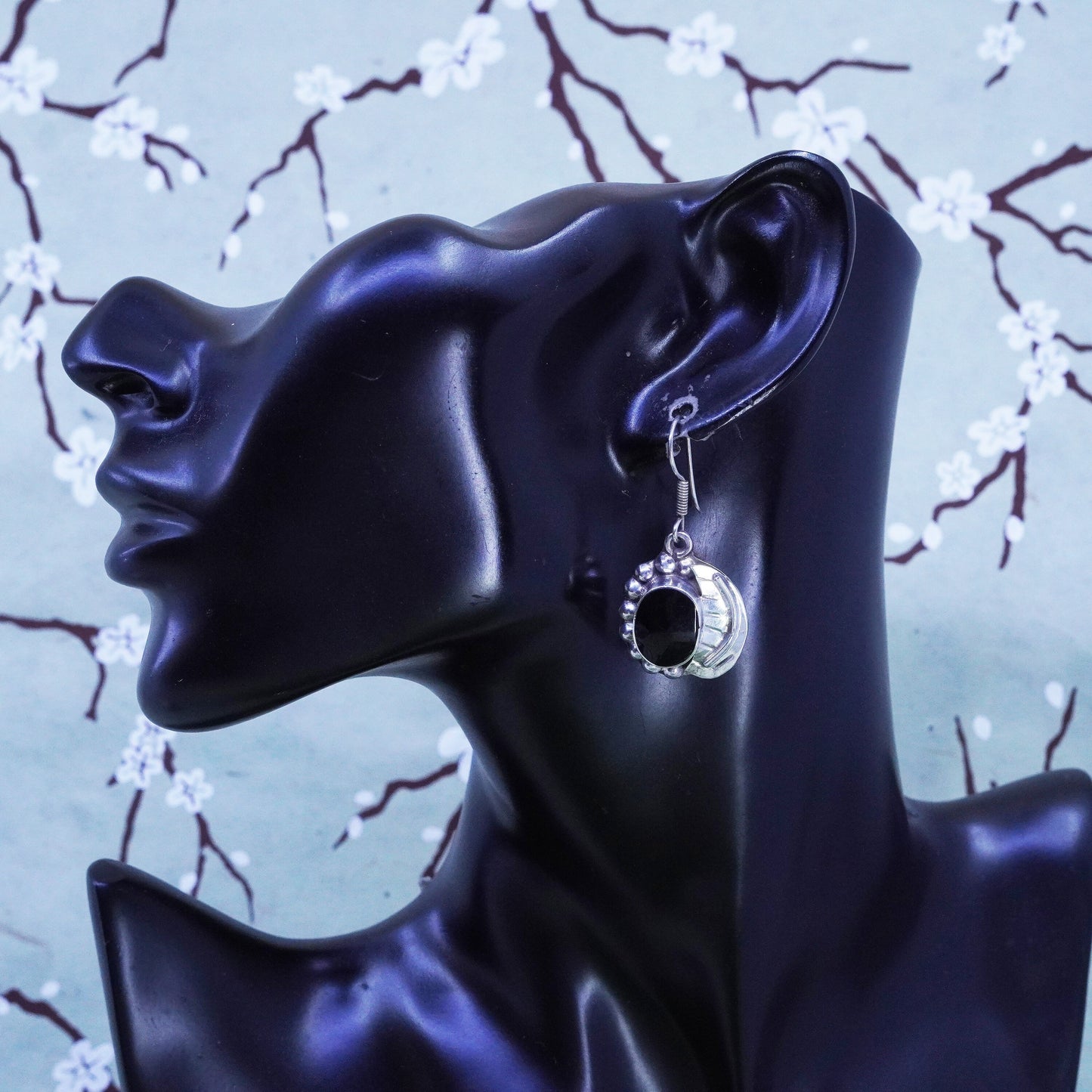 Vintage sterling 925 silver handmade earrings with onyx and beads